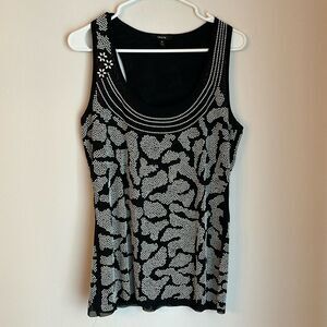 Women’s Beaded sheer racer back black white sexy geometric scoop neck tank Small